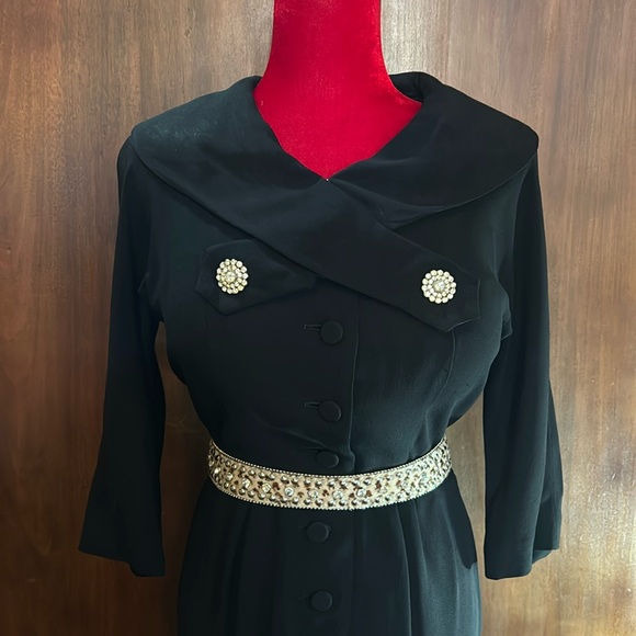 Vintage 50s Cocktail Dress with Rhinestone Buttons - Picture 1 of 16